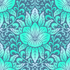 Seamless teal Damask pattern on a blue background. Floral abstract repeat background.