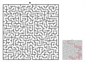 Difficult Square Labyrinth Top View Isolated White Background Classic Maze game . Complicated  brain teaser  for brain training. Medium difficulty maze with solution