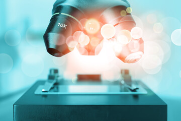 Microscope, closeup. Laboratory equipment. Color toned, bokeh effect