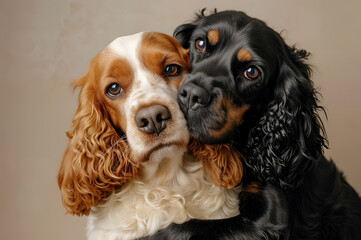 studio portrait of two dogs hugging. happy spaniel dog on beige background. Love, relationship, funny