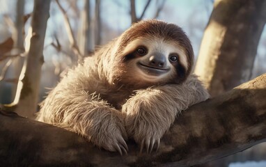 Realistic photo of cute sloth sitting high on a tree branch on a sunny winter day. generative ai