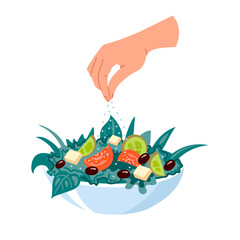 A human hand sprinkles salt on a salad with vegetables. Sprinkle by hand. Cooking food. The salad dressing icon. Vector graphic illustration isolated on a white background