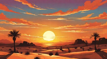 A Painting of a Desert With a Sunset in the Background