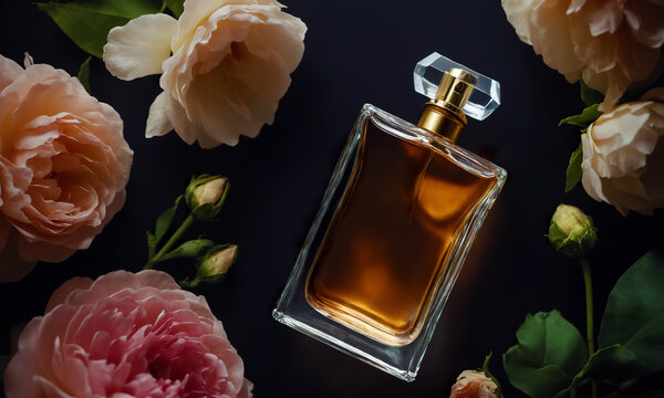A bottle of perfume with a blank label on a dark background surrounded by different flowers.