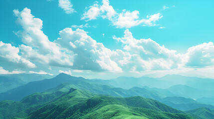 World environment day concept, Green mountains and beautiful blue sky clouds. Generative Ai
