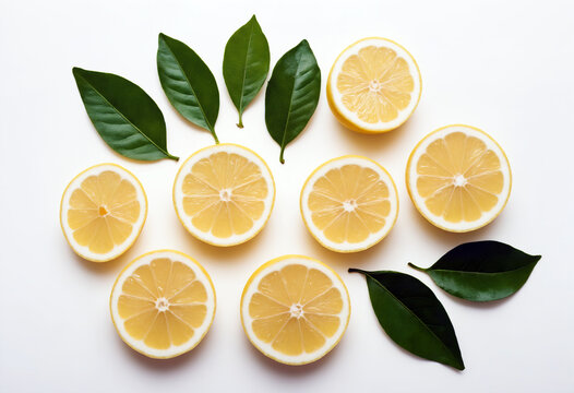 Lemon slices with leaves on a white background
