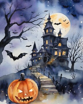 A Painting of a Halloween Scene With a Pumpkin