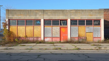 A rundown community center with boarded-up windows, representing the lack of social infrastructure and resources available for underprivileged neighborhoods.