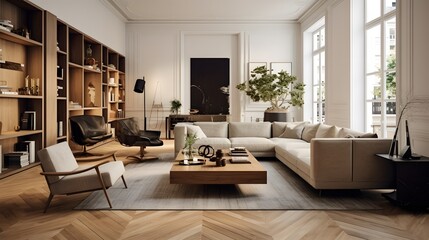 The living room is modern and has parquet flooring with chic furniture.