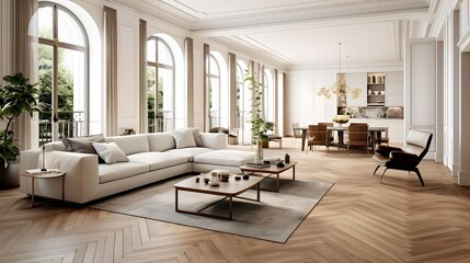 Naklejka na ściany i meble The living room is modern and has parquet flooring with chic furniture.