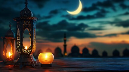 Arabian lanterns decorate an old wooden table with sky and crescent moon behind Ramadan Kareem background
