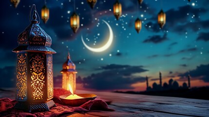 Fototapeta premium Arabian lanterns decorate an old wooden table with sky and crescent moon behind Ramadan Kareem background