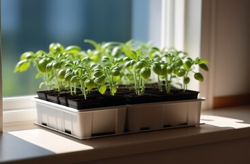 Tomato seedlings are in a box on the windowsill, soft sunlight