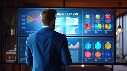 A businessman in front of a monitor showing sales graphs