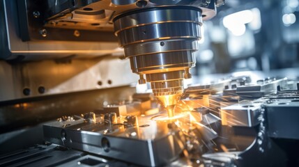 Precision in action: close-up of advanced cnc milling machine amidst enchanting bokeh lights – technology and production at work