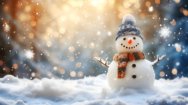 christmas snowy winter snowman snowflakes falling background cinematic. generative Ai