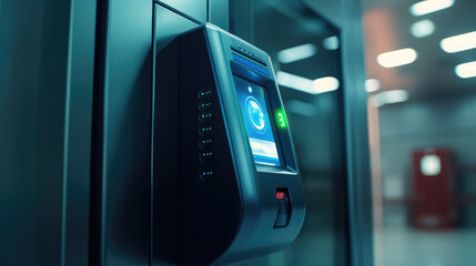 Obraz premium Fingerprint scanning access control machine on the wall near the office entrance