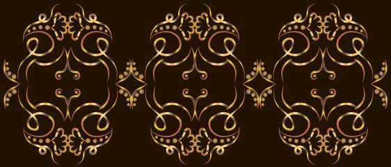 Graphic horizontal fantasy pattern with swirls, concentric circles and flowers. Gold gradient on a black background for printing on fabric, applique and cards.