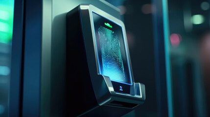 Obraz premium Fingerprint scanning access control machine on the wall near the office entrance