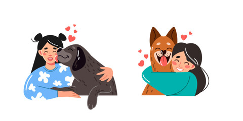 Vector portraits of pet owners. Cute girls cuddle with adorable dogs. A flat graphic illustration for a mobile application or website