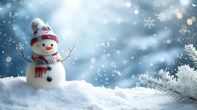 christmas snowy winter snowman snowflakes falling background cinematic. generative Ai
