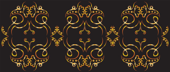 Fototapeta premium Graphic horizontal fantasy pattern with swirls, concentric circles and flowers. Gold gradient on a black background for printing on fabric, applique and cards.