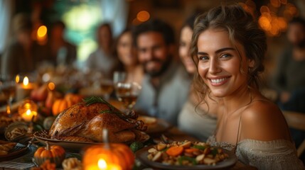 Thanksgiving Dinner Gathering with Smiling Young Woman
