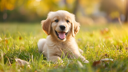 Website banner of a happy dog puppy as lying in the ground. Generative Ai