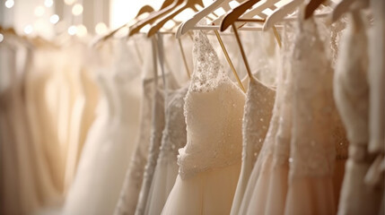 Wedding dress hanging in boutique shop