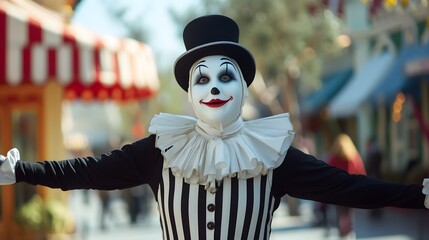 A clown wearing a hat showing at the theme park. Generative AI