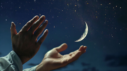Hands of an Islamic man asking for blessings from the gods. Background with half moon and starry sky.