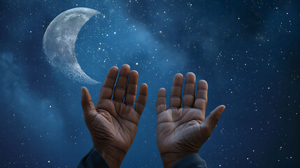 Hands of an Islamic man asking for blessings from the gods. Background with half moon and starry sky.