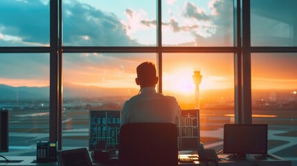 Fototapeta premium Air traffic controller gazes at sunset-lit runway through tower windows.