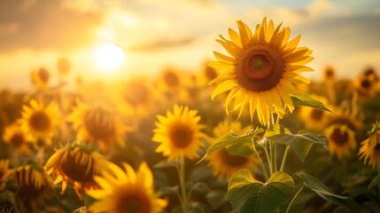 Fototapeta premium A Sunflower Field with sunlight, beautiful nature. Generative AI