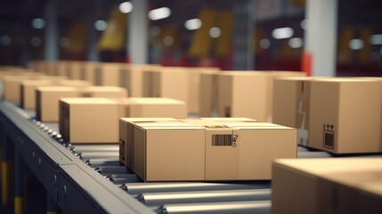Efficient e-commerce flow: closeup of cardboard box packages gliding on conveyor belt in modern warehouse fulfillment center with automation
