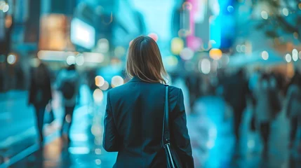 Foto op Aluminium A woman walking the busy streets of down town, embodying urban beauty and fashion, wearing a suit uniform. Generative AI © Alice a.