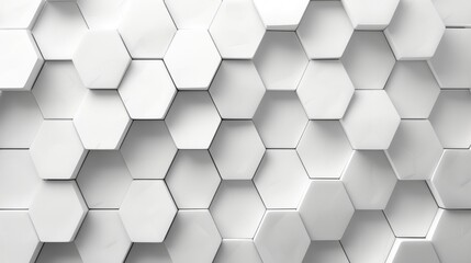 A seamless pattern of white hexagons creating a three-dimensional effect on a wall, offering a modern and minimalistic texture