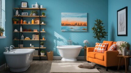 A stylish modern bathroom features a standalone bathtub and vibrant orange accents, set against a serene teal wall adorned with decorations and natural elements