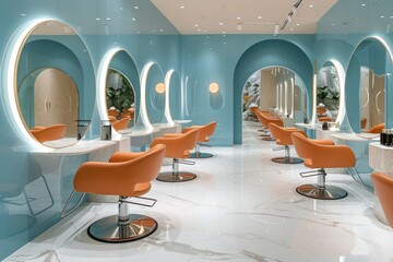 A sleek and modern hair salon interior featuring stylish orange chairs and circular mirrors, with a tranquil blue color scheme - obrazy, fototapety, plakaty