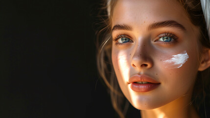 A stunning, radiant young woman emphasizes the importance of sun protection with cream on her face. Her flawless complexion against a striking black background adds drama and elegance.