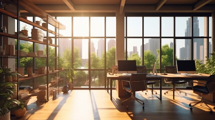 Comfortable creative office area with morning sunlight