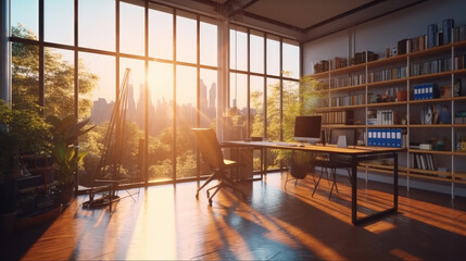 Comfortable creative office area with morning sunlight