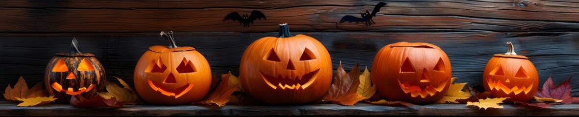 A Halloween pumpkin lantern on wooden plank background banner. Generative AI