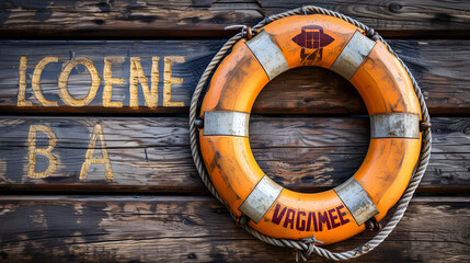 Welcome on Board  lifebuoy with text on horizontal wooden background texture, copy space for individual text. Generative Ai