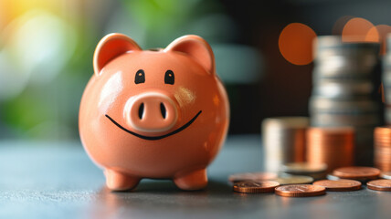 Obraz premium A cheerful piggy bank in focus with stacked coins in the background, symbolizing personal savings and financial planning