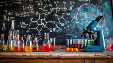 A laboratory setup with colorful chemicals in glassware and a microscope, set against a blackboard with chemical formulas, representing scientific education and research