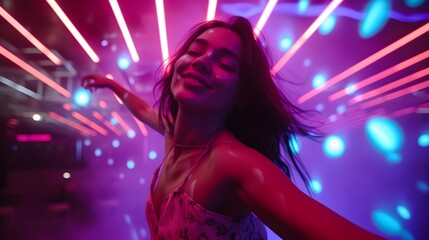 Fototapeta na wymiar A woman lady dancing in night club with happy joyful face. Generative AI