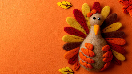 orange brown and yellow crafted felt turkey laying flat background, copy space, generative ai