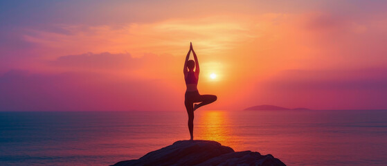 Silhouette of person practicing yoga at sunset on the beach.
