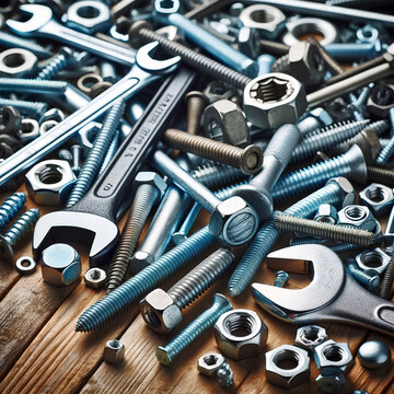 An image of a group of screws and wrenches, including bolts, nuts, and ring spanners, all piled up on a natural wooden background. The tools are arran